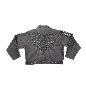Stefano International Vintage 80s Gray Denim Jacket Heart Lattice Cutout Weave L